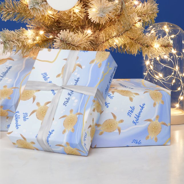 Gold Turtles Blue Ink | Mele Kalikimaka Weihnachte Geschenkpapier (Feiertage)