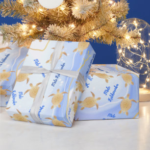 Gold Turtles Blue Ink Mele Kalikimaka Weihnachten Geschenkpapier