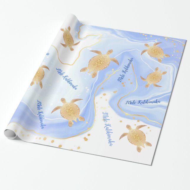 Gold Turtles Blue | Mele Kalikimaka | Weihnachten Geschenkpapier (Ungerollt)