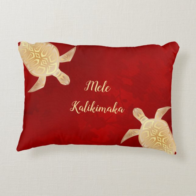 Gold Turtles Mele Kalikimaka Hawaiian Red Dekokissen (Rückseite)