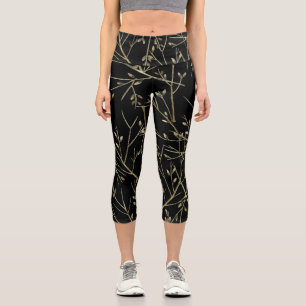 Gold Twigs auf schwarz Capri Leggings