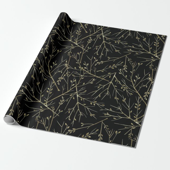 Gold Twigs auf schwarz Geschenkpapier (Ungerollt)