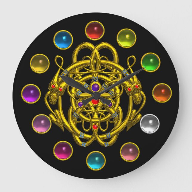 GOLD TWIN DRAGONS DRUCKTE FARBEN GEMSTONS GROßE WANDUHR (Vorderseite)