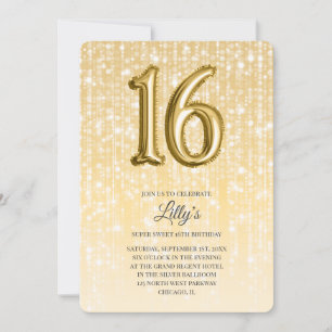 Gold Twinkle Lights und Foil Balloon 16. Geburtsta Einladung
