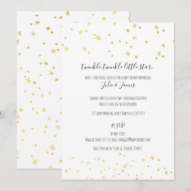 Gold Twinkle Little Stars Kinderdusche Einladungen (Vorne/Hinten)