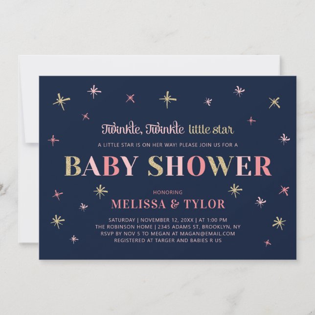 Gold Twinkle Twinkle Little Star Girl Baby Dusche Einladung (Vorderseite)
