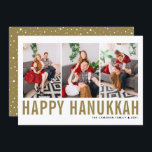 Gold Typografie Foto Collage Happy Hanukkah Feiertagskarte<br><div class="desc">Happy Hanukka! Individuell anpassbare Happy Hanukkah Foto Collage flache Karte mit Gold einfache Typografie und Schneemuster. Personalisieren Sie Ihre Daten durch Hinzufügen von drei Fotos,  Namen,  Jahr und anderen Details. Diese moderne Hanukkah-Flachkarte ist in anderen Farben und mit Karton erhältlich.</div>