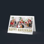 Gold Typografie Happy Hanukkah Foto Collage Feiertagskarte<br><div class="desc">Happy Hanukka! Individuell anpassbare Happy Hanukkah Foto Collage Card mit Gold einfache Typografie und Schneemuster. Personalisieren Sie Ihre Daten durch Hinzufügen von drei Fotos,  Namen,  Jahr und anderen Details. Diese moderne Hanukkah-Karte ist in anderen Farben und Cardstock erhältlich.</div>