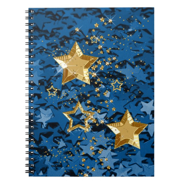 Gold u. blaue Glitzer-Stern-gewundenes Notizbuch Notizblock (Vorderseite)
