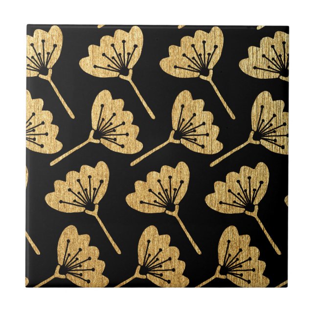 Gold u. Schwarzes mit Blumen Fliese (Vorderseite)