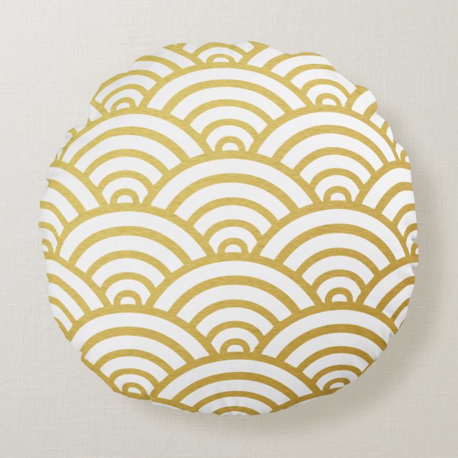 Gold-u. Weiß-Kamm-Muschel-Muster-rundes Kissen (Vorderseite)