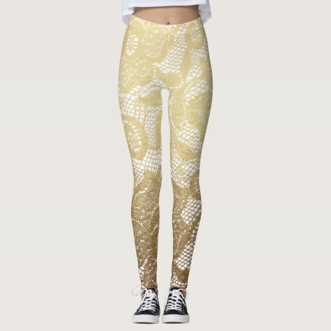 Gold u. weiße BlumenImitat-Spitze Leggings (Vorderseite)