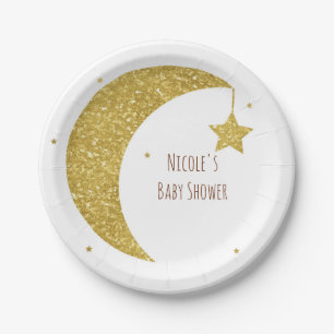 Gold u. weiße Mond-u. Stern-Babyparty Pappteller