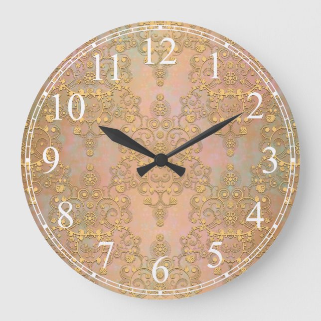 Gold über Gold Antiquitätenschiff Damask Große Wanduhr (Vorderseite)