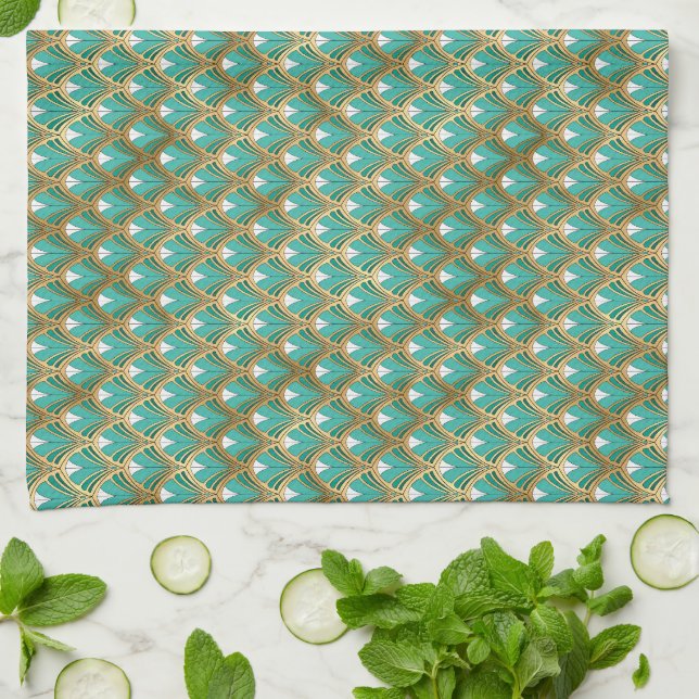 Gold und Aqua Art Deco Geometrisch Geschirrtuch (Gefaltet)