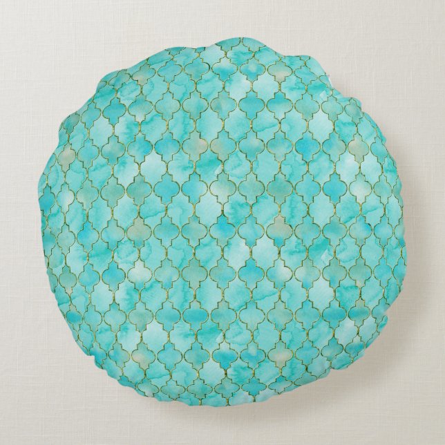 Gold und Aqua Maroccan Rundes Kissen (Rückseite)