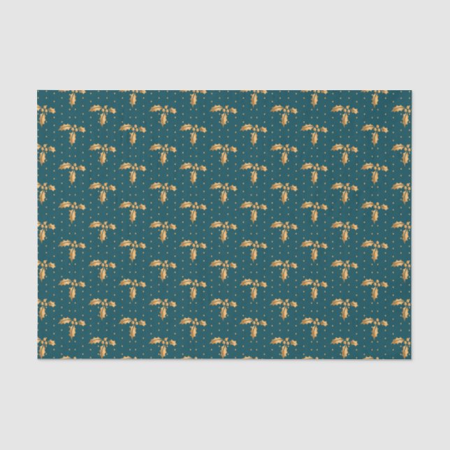 Gold und Aquamarin Blue Christmas Holly Seidenpapier (Vorderseite)
