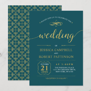 Gold und Aquamarin Elegante klassische Hochzeits Einladung