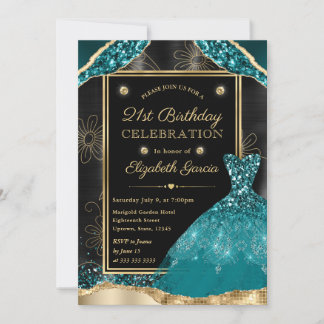 Gold und Aquamarin Glitzer Dress 21. Geburtstag Einladung
