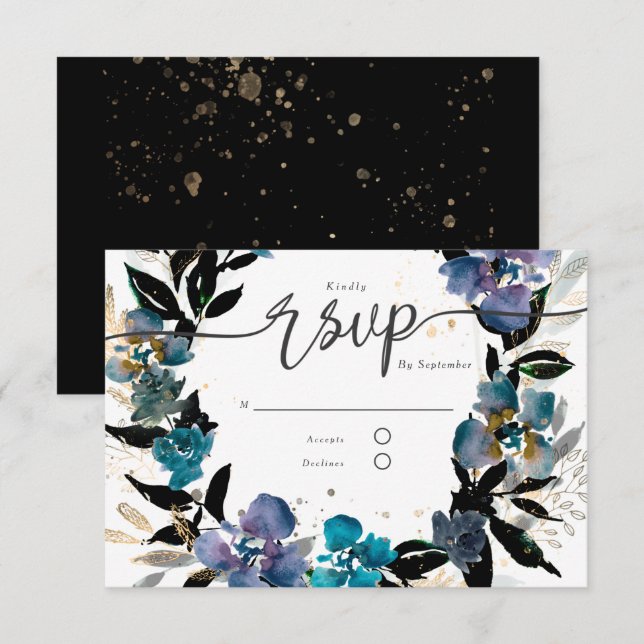Gold und aquamarine, dramatische Blumen Einladung (Vorne/Hinten)