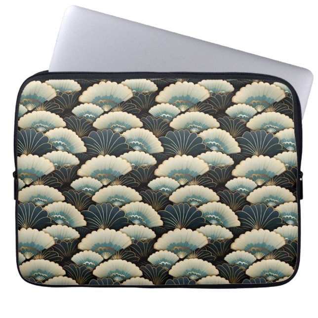 Gold und Aquamarine Gemusterte japanisch inspirier Laptopschutzhülle (Vorderseite)