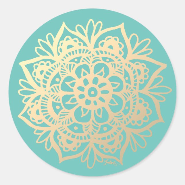 Gold und Aquamarine Mandala-Blume Runder Aufkleber (Vorderseite)
