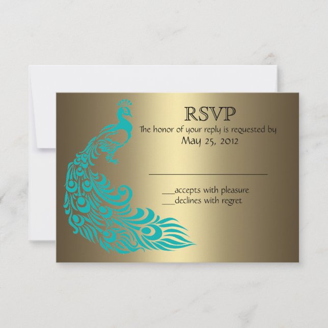 Gold und Aquamarine Pfaueneinladungen RSVP Karte (Vorderseite)