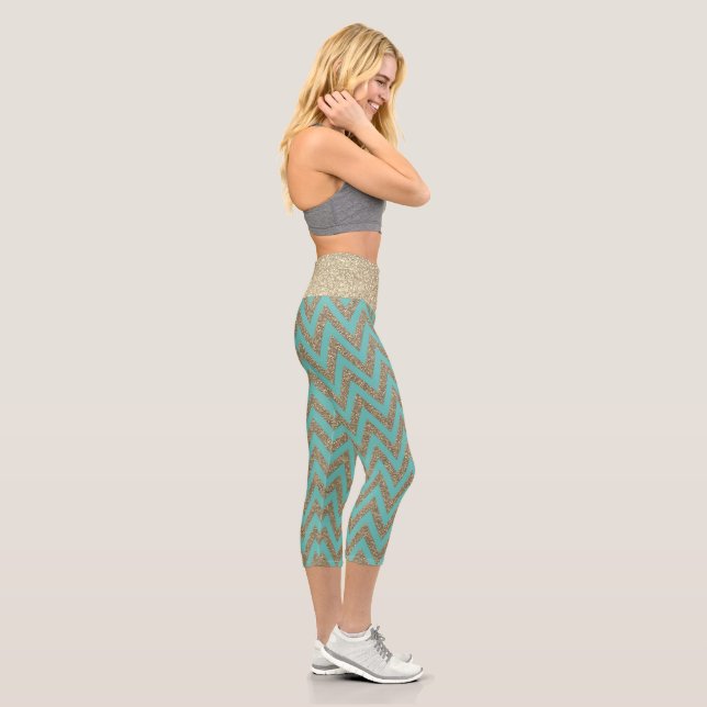 Gold und aquamarine Zickzack Glitterie Capri Leggings (Rechts)