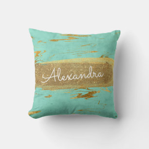 Gold und Aquamariner Marmor mit Goldfolie und Glit Kissen
