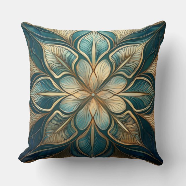 Gold und Aquamarines BlumenMandala - Anspruchsvoll Kissen (Vorderseite)