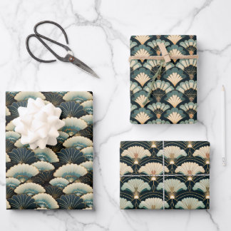 Gold und Aquamarines Gemustertes, japanisch inspir Geschenkpapier Set