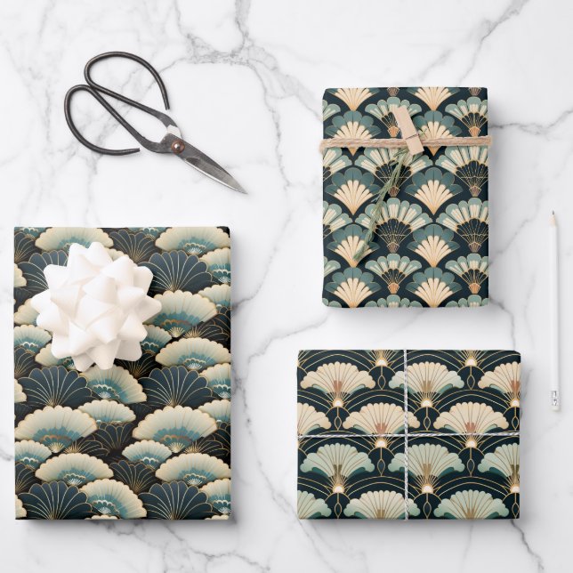 Gold und Aquamarines Gemustertes, japanisch inspir Geschenkpapier Set (Vorderseite)