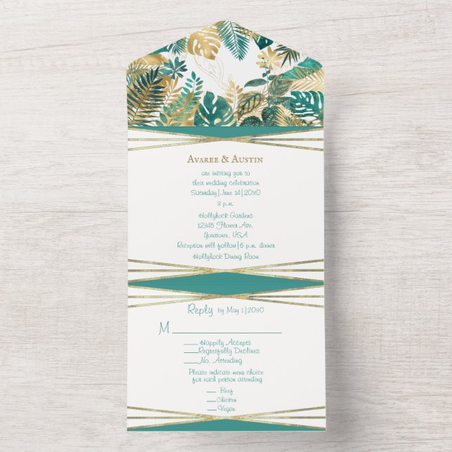 Gold und Aquamarines tropisches Leaf All In One Einladung (Innen Boden)