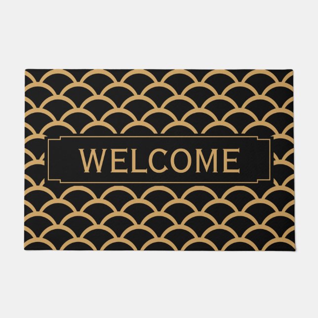 Gold und Black Art Deco Fish Scale Muster Willkomm Fußmatte (Vorderseite)