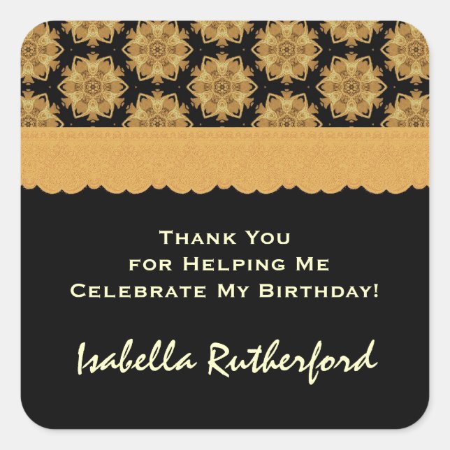Gold und Black Birthday Danke R354B Quadratischer Aufkleber (Vorderseite)