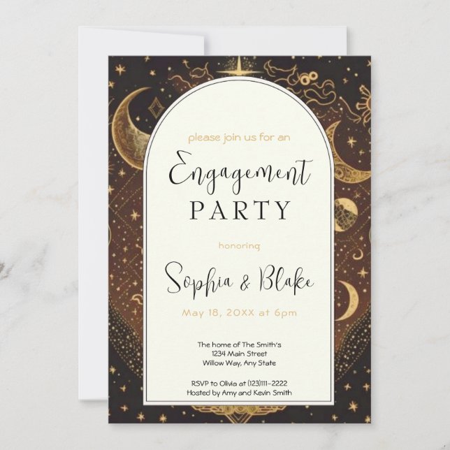 Gold und Black Celestial Moon Engagement Party Einladung (Vorderseite)