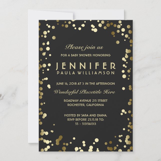 Gold und Black Confetti Dots Vintag Baby Dusche Einladung (Vorderseite)
