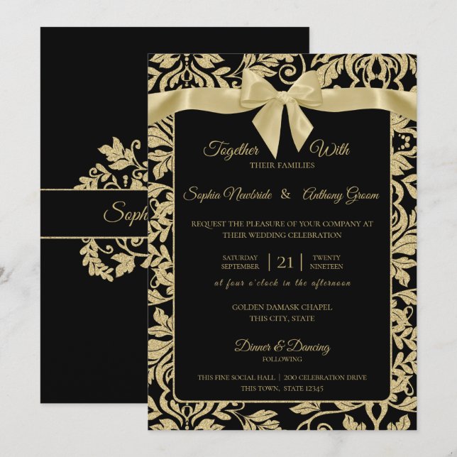 Gold und Black Damask mit Bow Wedding Einladung (Vorne/Hinten)