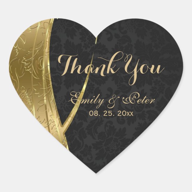 Gold und Black Damask Vielen Dank Herz-Aufkleber (Vorderseite)