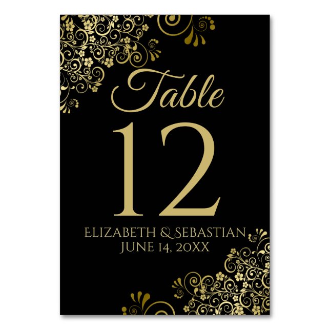 Gold und Black Elegant Filigree Wedding Tischnummer (Vorderseite)