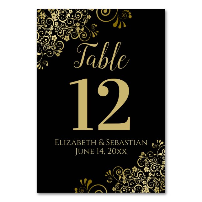 Gold und Black Elegant Frilly Wedding Tischnummer (Vorderseite)