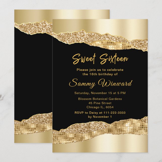 Gold und Black Glam tränen 16 . Geburtstag Einladung (Vorne/Hinten)