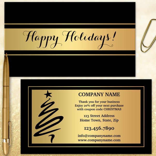 Gold und Black Holidays Vielen Dank für Ihre Visit (Christmas Holidays business card with a simple gold and black design with modern tree outline)
