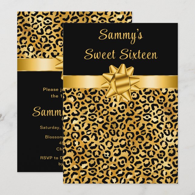 Gold und Black Leopard Print 16 . Geburtstag Einladung (Vorne/Hinten)
