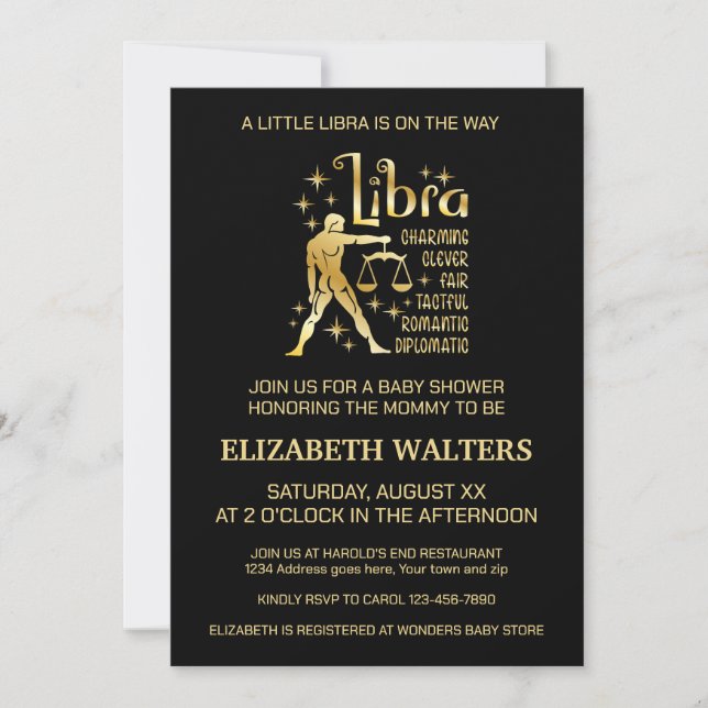 Gold und Black Libra Zodiac Baby Dusche Einladung (Vorderseite)