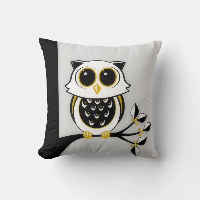Gold und Black Line Art Owl, Blätter und Berries Kissen (Vorderseite)