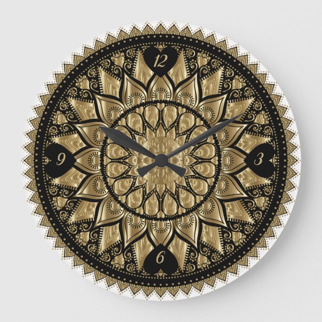Gold und Black Mandala Große Wanduhr (Vorderseite)