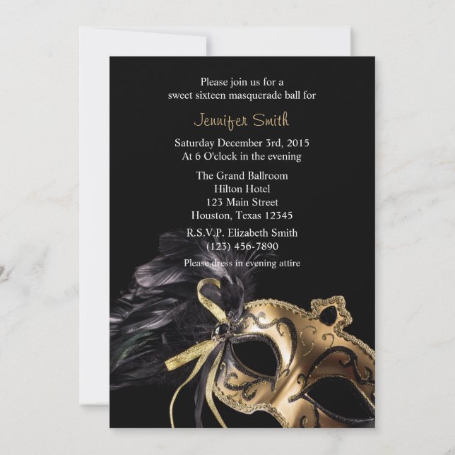 Gold und Black Masquerade Sweet 16 Ball Einladung (Rückseite)