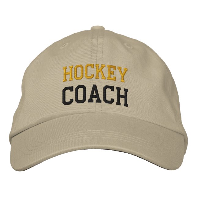 Gold- und Black Text Hockey Coach-Hut Bestickte Kappe (Vorderseite)