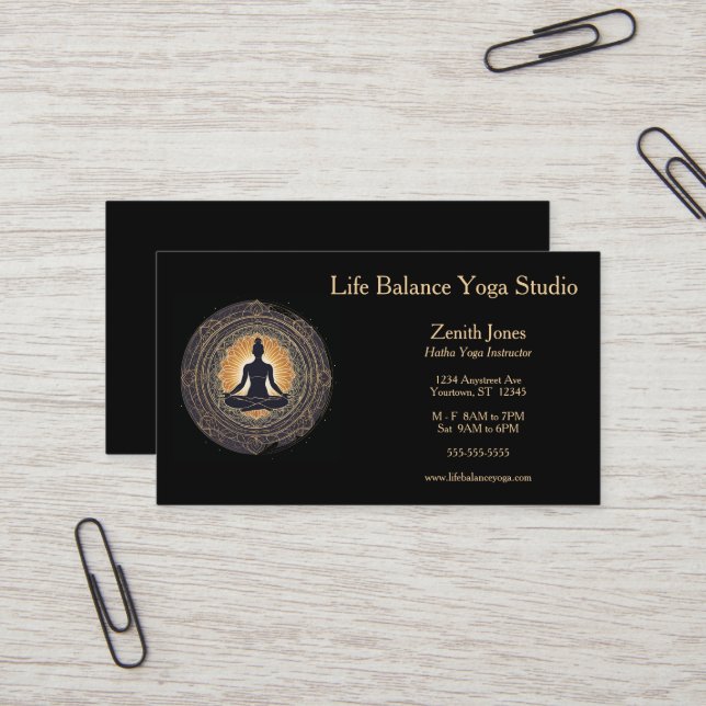 Gold und Black Yoga Studio Instructor Visitenkarte (Vorderseite/Rückseite Beispiel)